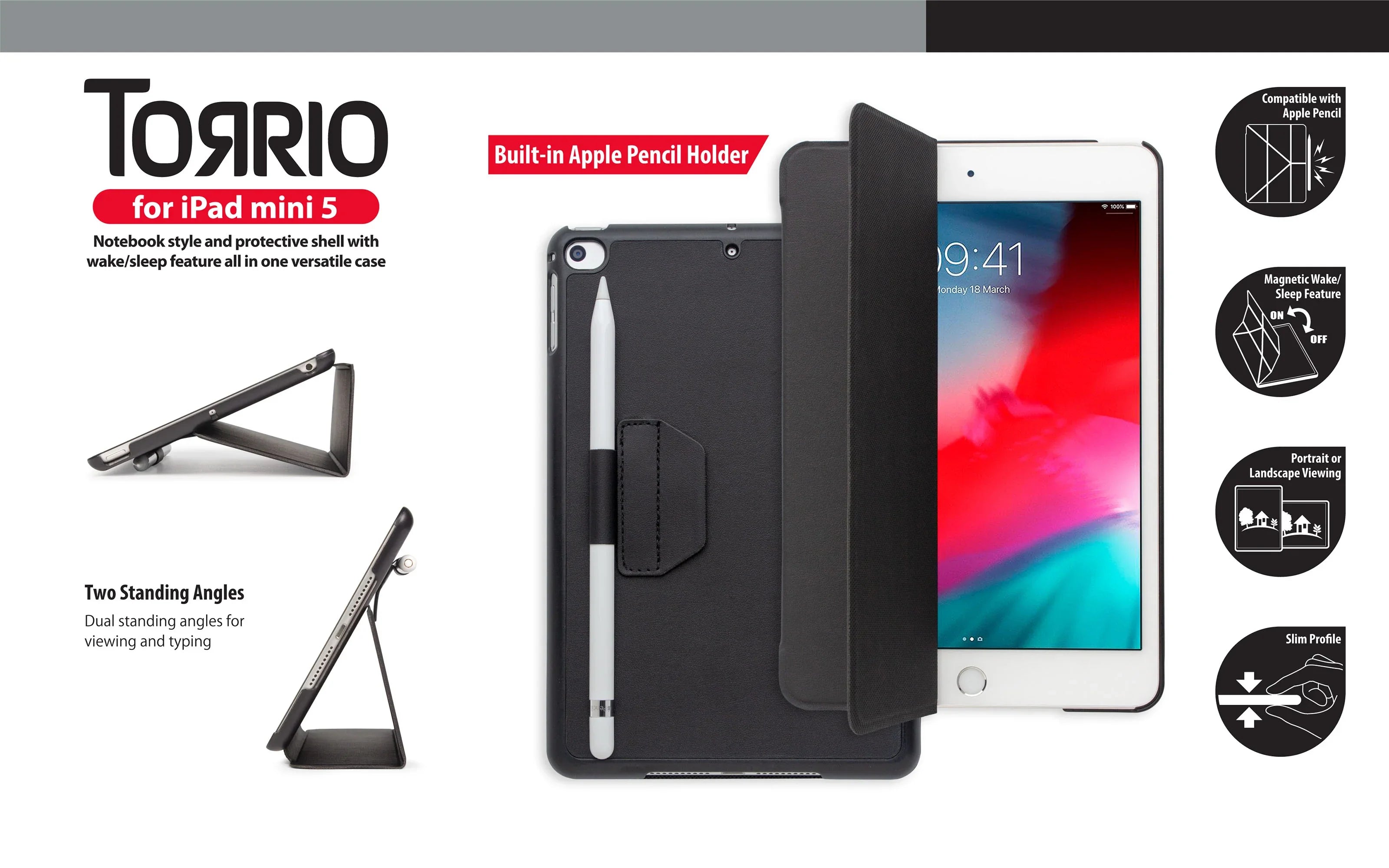 Torrii Torrio Wallet For iPad Mini 5 2019 With Apple Pencil Holder - Black - Tashqila Torrii Torrio Wallet For iPad Mini 5 2019 With Apple Pencil Holder - Black - Tashqila